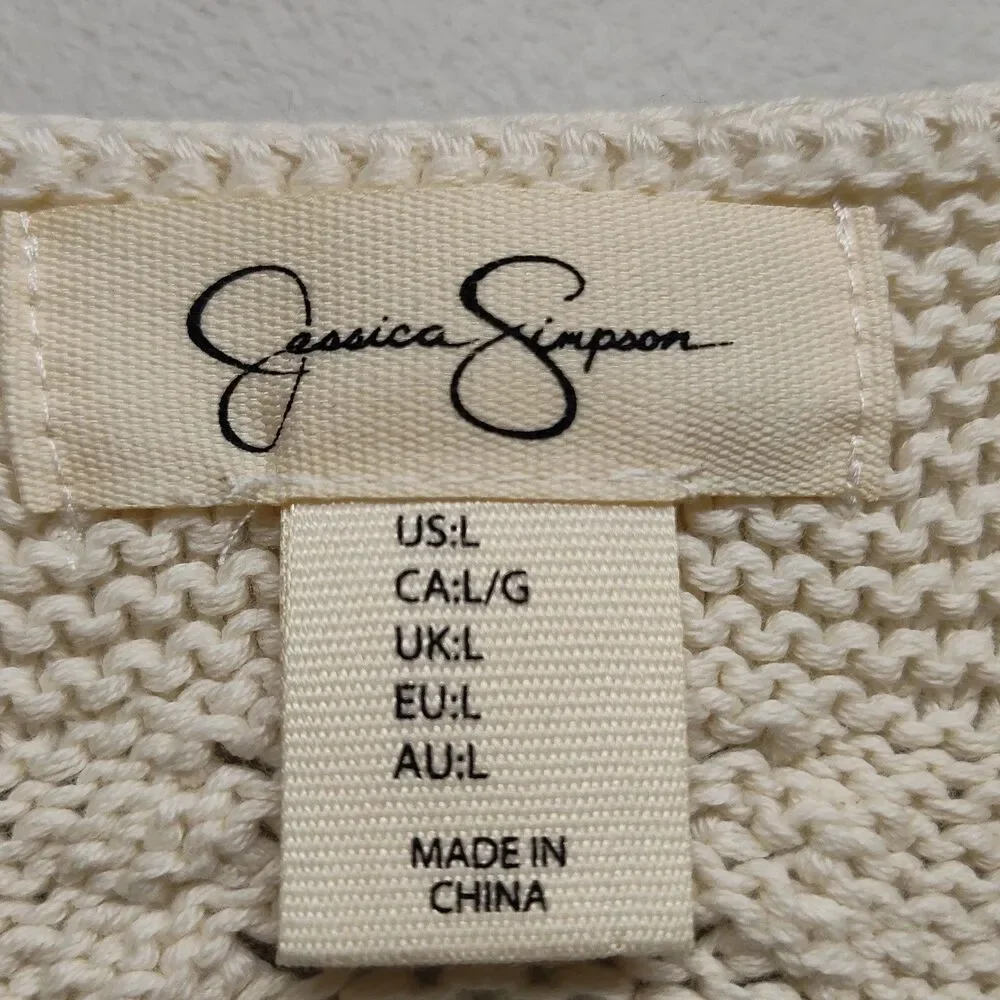 Crochet Top Women L Cream Blue Stripes Short Sleeve Spring Beachy Boho Casual - Picture 6 of 7